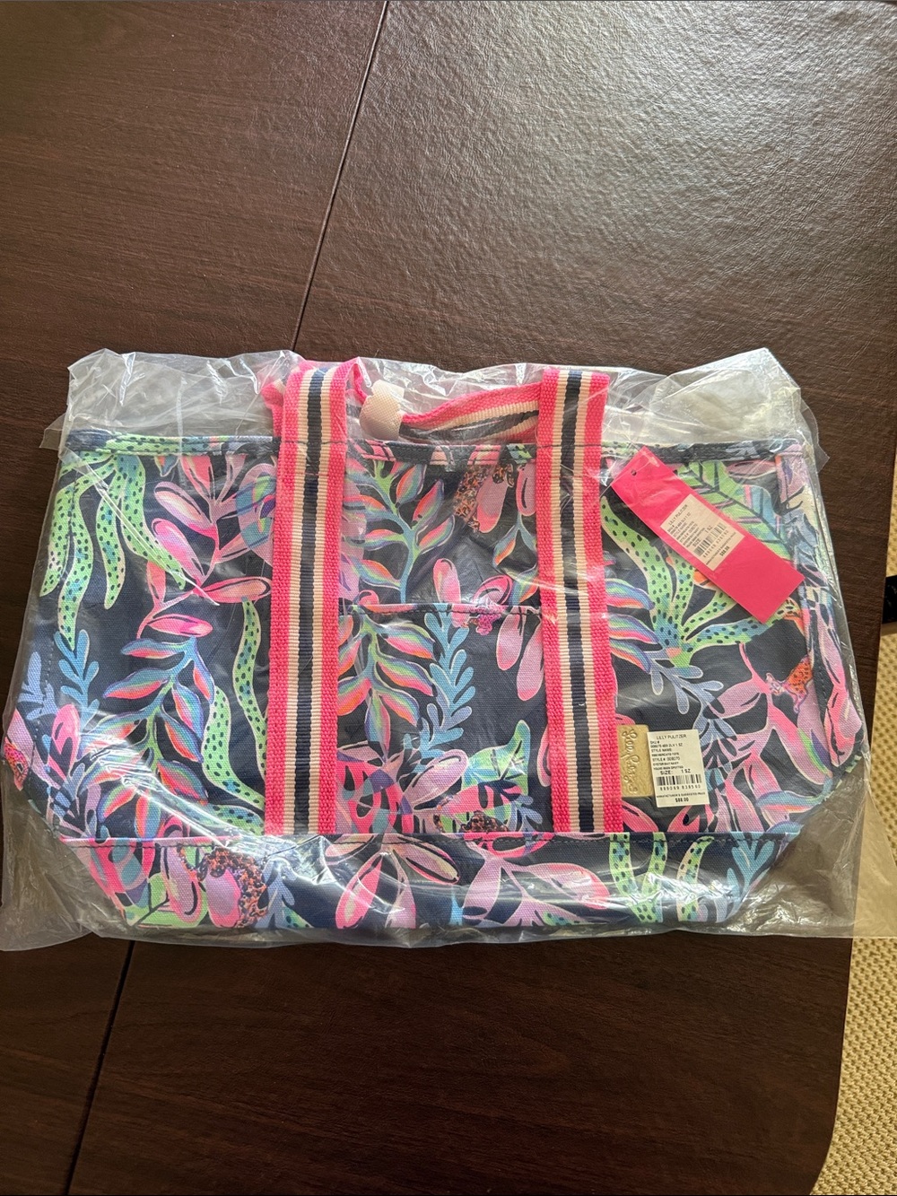 Lilly Pulitzer Navy Canvas Tote with Pink and Green Tropical Print